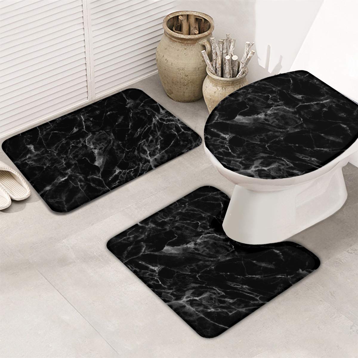 Queenker 3 Pieces Bath Rug Set Toilet Seat Cover Black Marble Texture Pattern Print Contour Rug, Pedestal Mat and Toilet Lid Cover?Non-Slip Bathroom Floor Mat 18''x30''+14''x18''+15''x18''