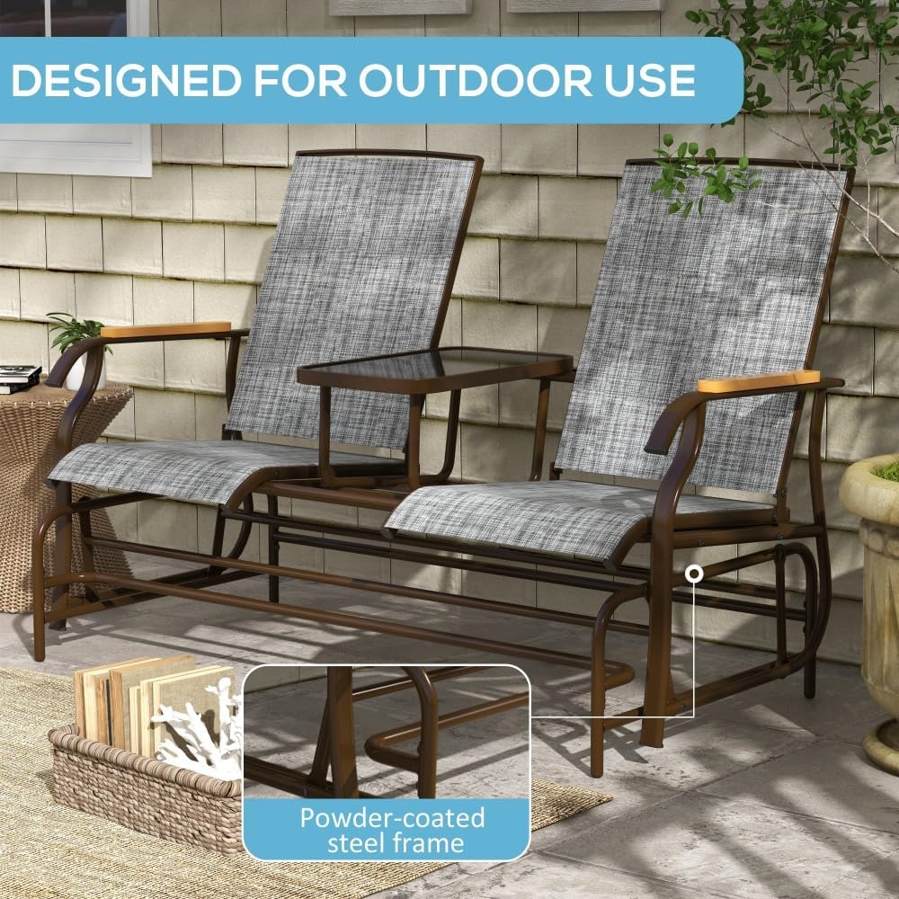 Two-Person Outdoor Glider Bench with Breathable Mesh Seat and Built-in Table, Steel Frame for Patio, Backyard or Porch