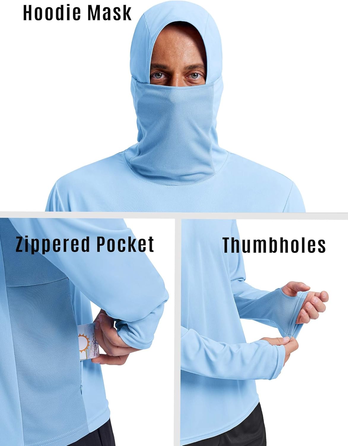PINSPARK UPF 50+ Sun Protection Hoodie Men with Mask Quick Dry Long Sleeve Fishing Hiking Shirts UV Rash Guard Lightweight