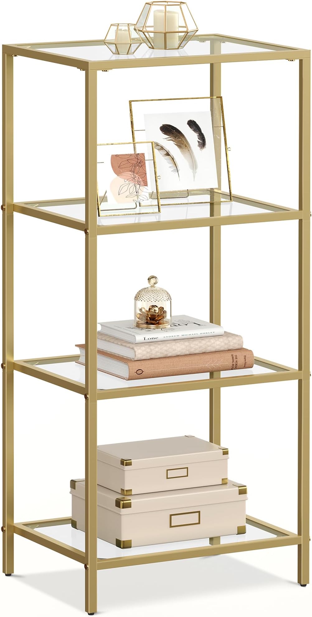 VASAGLE Bookcase, 4-Tier Bookshelf, Slim Shelving Unit, Small Shelf Stand for Bedroom, Bathroom, Home Office, Tempered Glass, Steel Frame, Metallic Gold ULGT28G