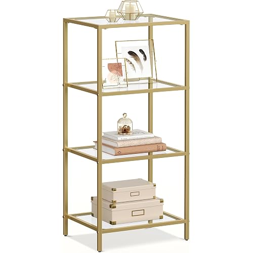 VASAGLE Bookcase, 4-Tier Bookshelf, Slim Shelving Unit for Bedroom, Bathroom, Home Office, Tempered Glass, Steel Frame, Metallic Gold ULGT28G