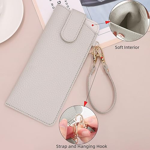 Miniatura 4 de Estuches suaves para gafas, bolsa portátil para lentes con clip de botón, correa de muñeca, fundas de cuero para gafas de viaje (gris claro)