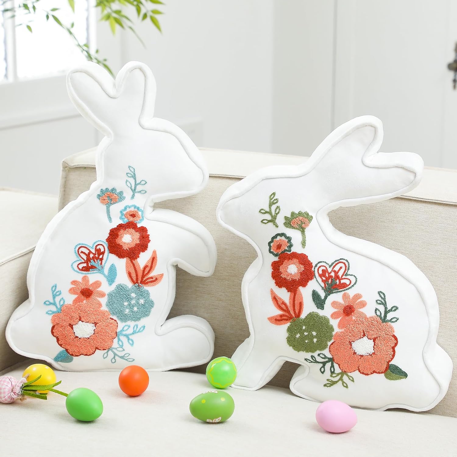 Beeveer 2 Pcs Easter Bunny Embroidered Throw Pillow 2 Size Soft Velvet Bunny Shaped Floral Embroidered Easter Rabbit Decorative Pillow Spring Office Decor for Sofa Bed Chair Living Room Couch