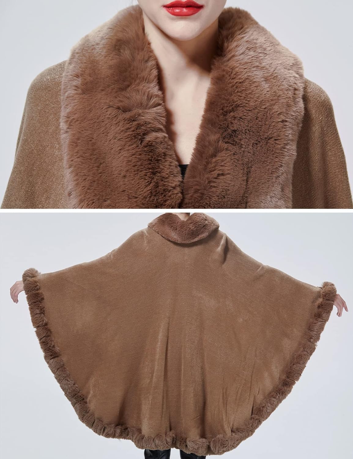 Faux Fur Shawl Wrap Women Poncho Cape Faux Fur Trim Coat Sleeveless Cardigan Dressy Cloak for Party - Image 6