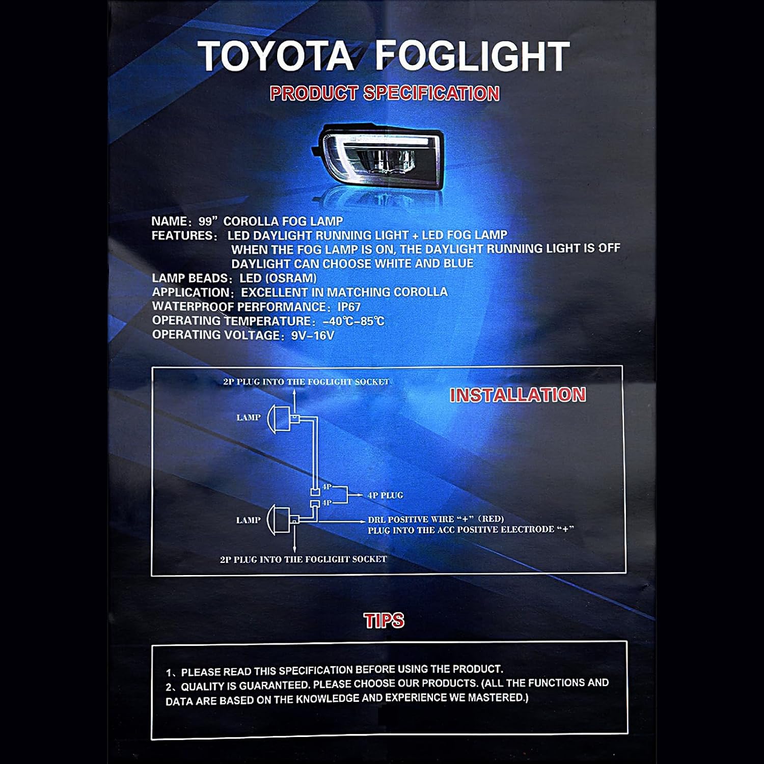Astra Depot Front Fog Light w/Daytime Running Light DRL Compatible with 1993-1999 Toyota Corolla AE100 AE101 LED Fog Lamps Assembly 40W IP67 Waterproof Replacement