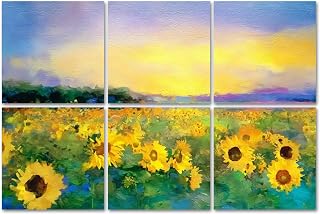 6 Pack Art Acoustic Panels Oil painting yellow golden Sunflower Daisy flowers fields Sunset Self Adhesive Decorative Soundproof Wall Panels Sound Absorbing Panel 72"x48" for Office Home Studio