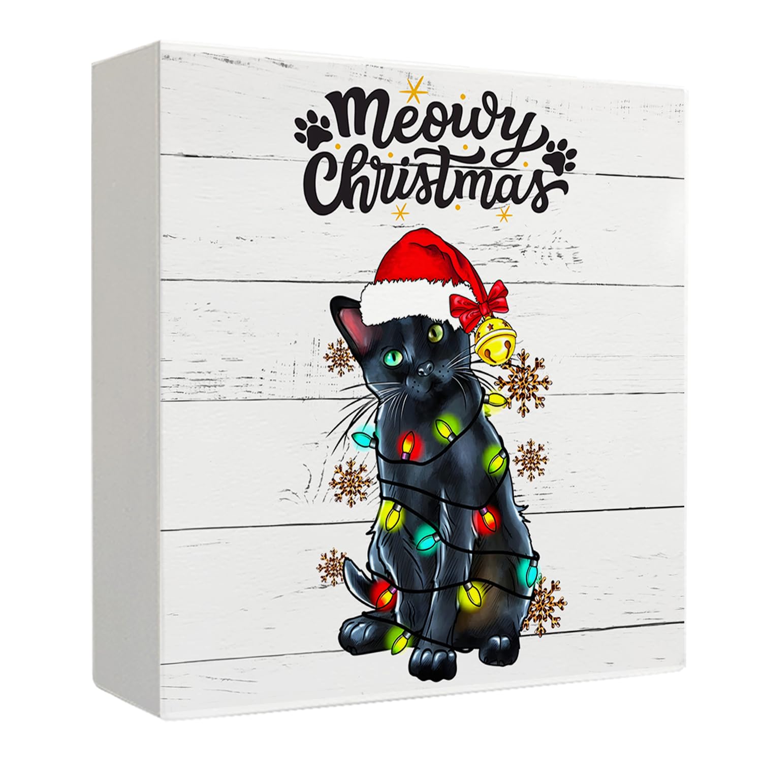 Christmas Signs, Christmas Black Cat Wooden Box Sign, Christmas Cat Decorations, Cat Christmas Decor, Meowy Christmas Wood Signs for Home Office Desk