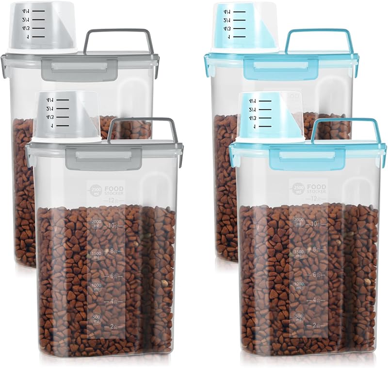 Recipiente Hermético para Armazenar Ração de Gatos e Cães LEAWALK com Bico Dosador, Copo Medidor e Tigela Dobrável, 4 L, Pacote com 4