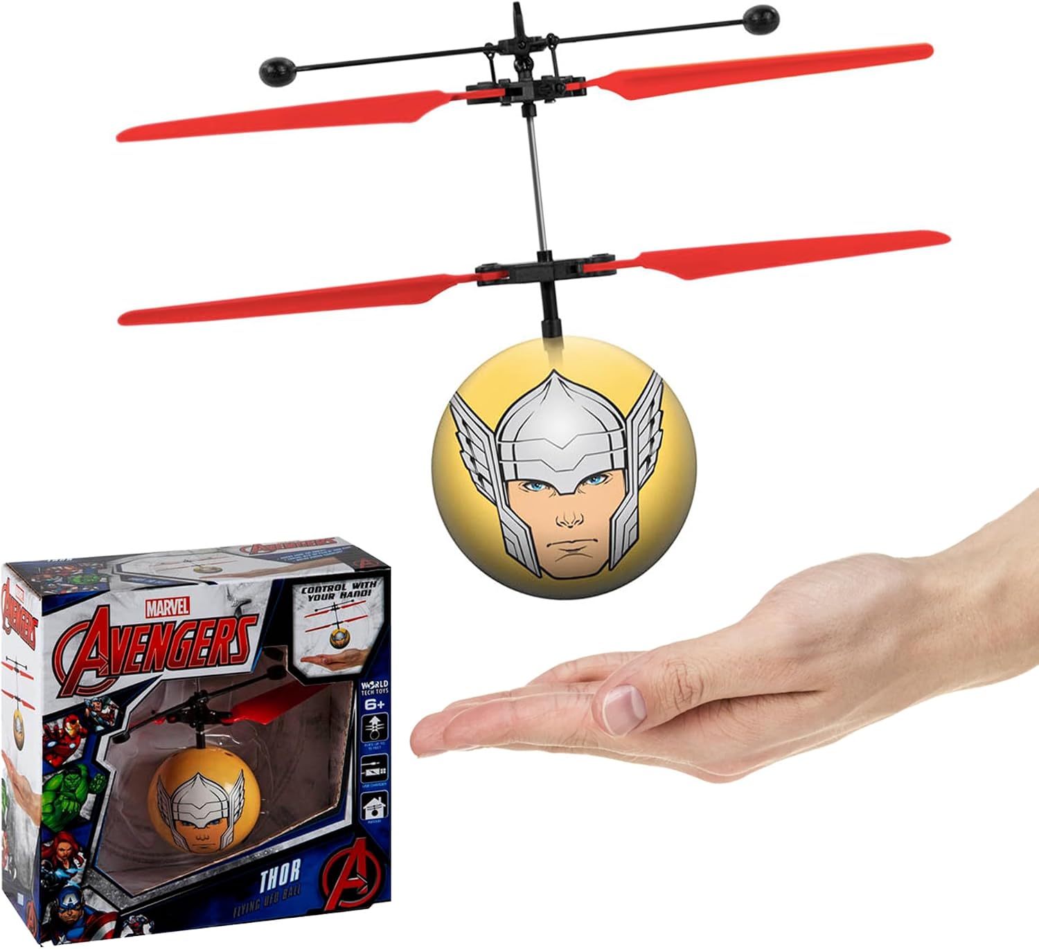 World Tech Toys Marvel Thor Flying Toy – Motion Sensing Flying Ball with USB Charging - Marvel Licensed - Indoor/Outdoor Drone for Kids Ages 6+