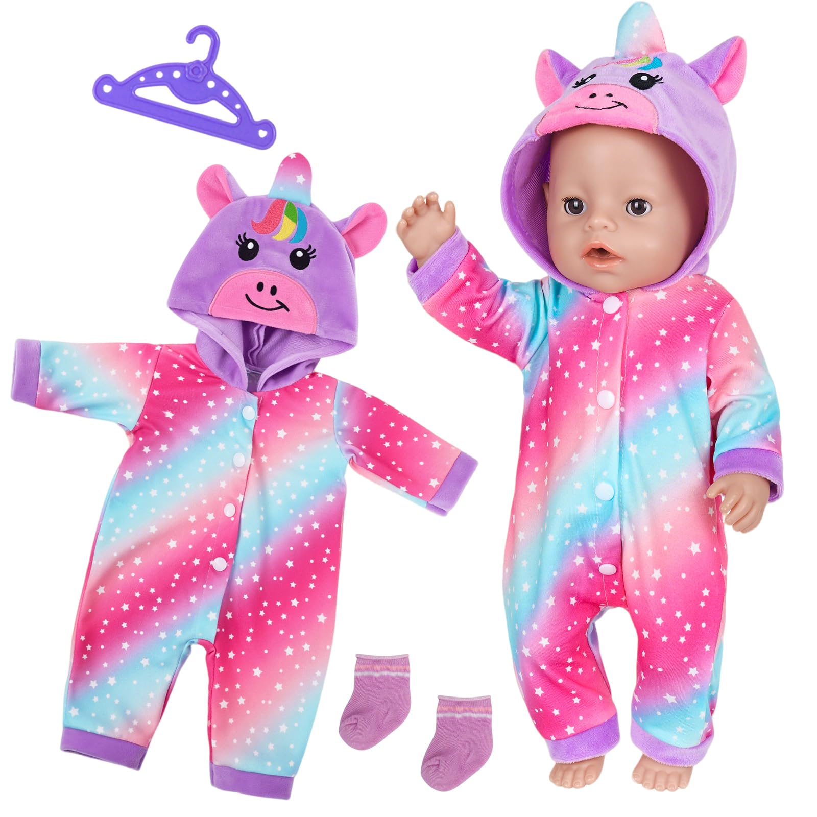 Baby Doll Clothes for 14-17 Inch Newborn Baby Dolls, Pink and Blue Starry Sky Romper with Cute 3D Pony Horns and 1 Hanger 1 Socks for 35-45 cm Reborn Doll, Sweet Doll Accessories Kids Birthday Gift