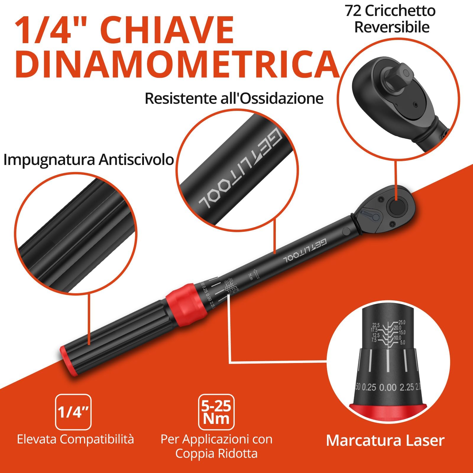 GETLITOOL 32 szt. zestaw kluczy dynamometrycznych 1/4" z 72 zębami, 5-25 Nm, stal CR-MO, z sześciokątnymi końcówkami torx Phillips XZN, kompasami, adapterami i walizką do roweru motocyklowego, funkcja