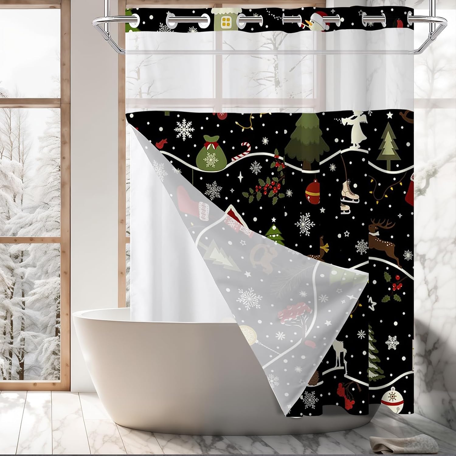 MEHOFOND No Hook Merry Christmas Shower Curtain, Hookless Xmas Snowflake Shower Curtain,Winter Christmas Tree Snowman Reindeer Holiday Bathroom Decor with Snap in Liner, Waterproof Fabric 71X74in