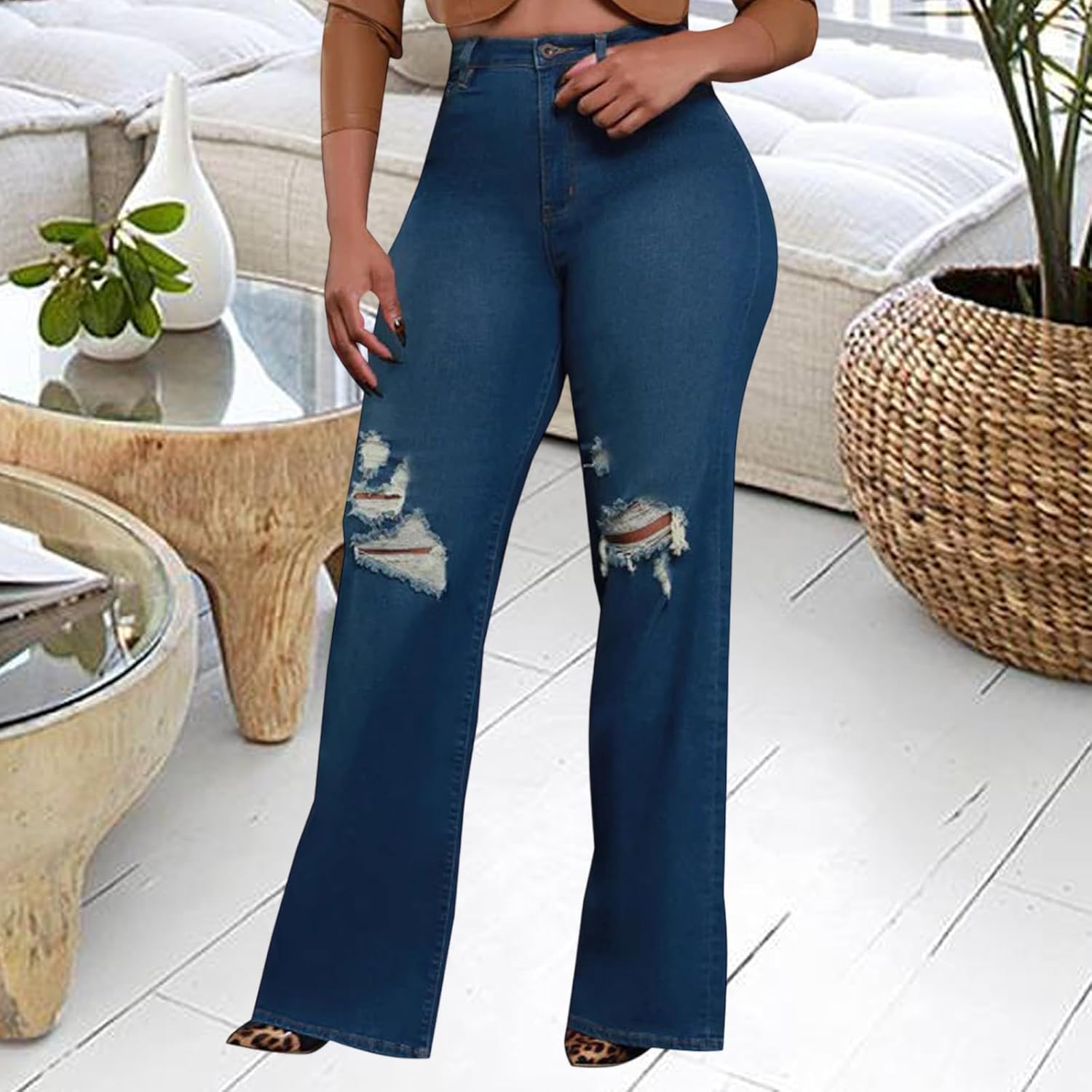 Women's Wide Leg Straight Jeans High Waisted Baggy Stretch Loose Denim Pants - Image 4