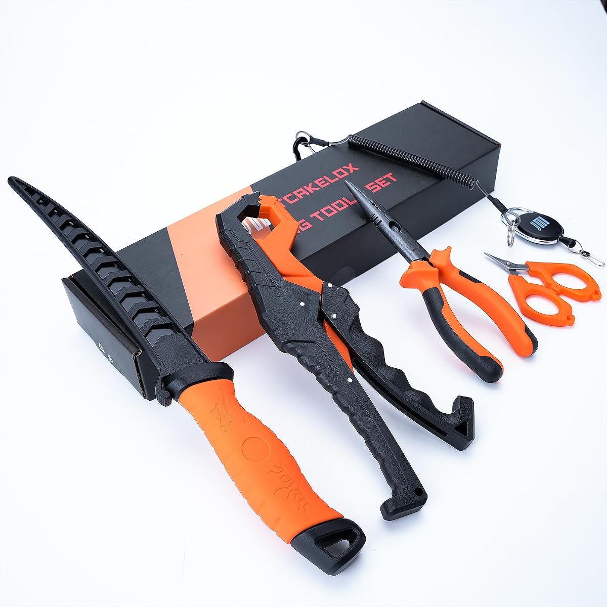 Kit de herramientas de pesca de 6 piezas: alicates de pesca resistentes y seguros con cordón, cuchillo para filetear, trenza de pesca de labios de pez flotante, pinza de tijeras, retractor de herramientas, regalos de pesca para hombres