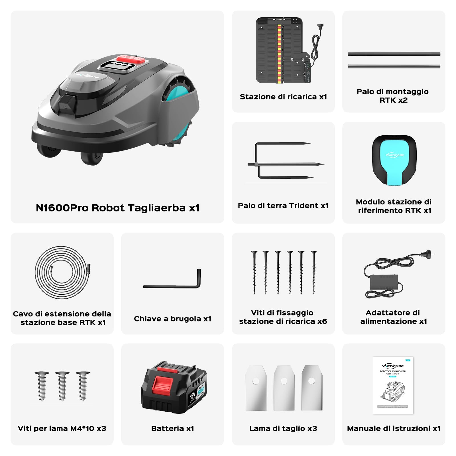 YARDCARE N1600PRO Robot Tagliaerba Senza Filo Perimetrale, fino a 1600 m², Navigazione RTK con Riconoscimento 3D dell’Ambiente, Rilevamento di oltre 300 Ostacoli, Controllo tramite App