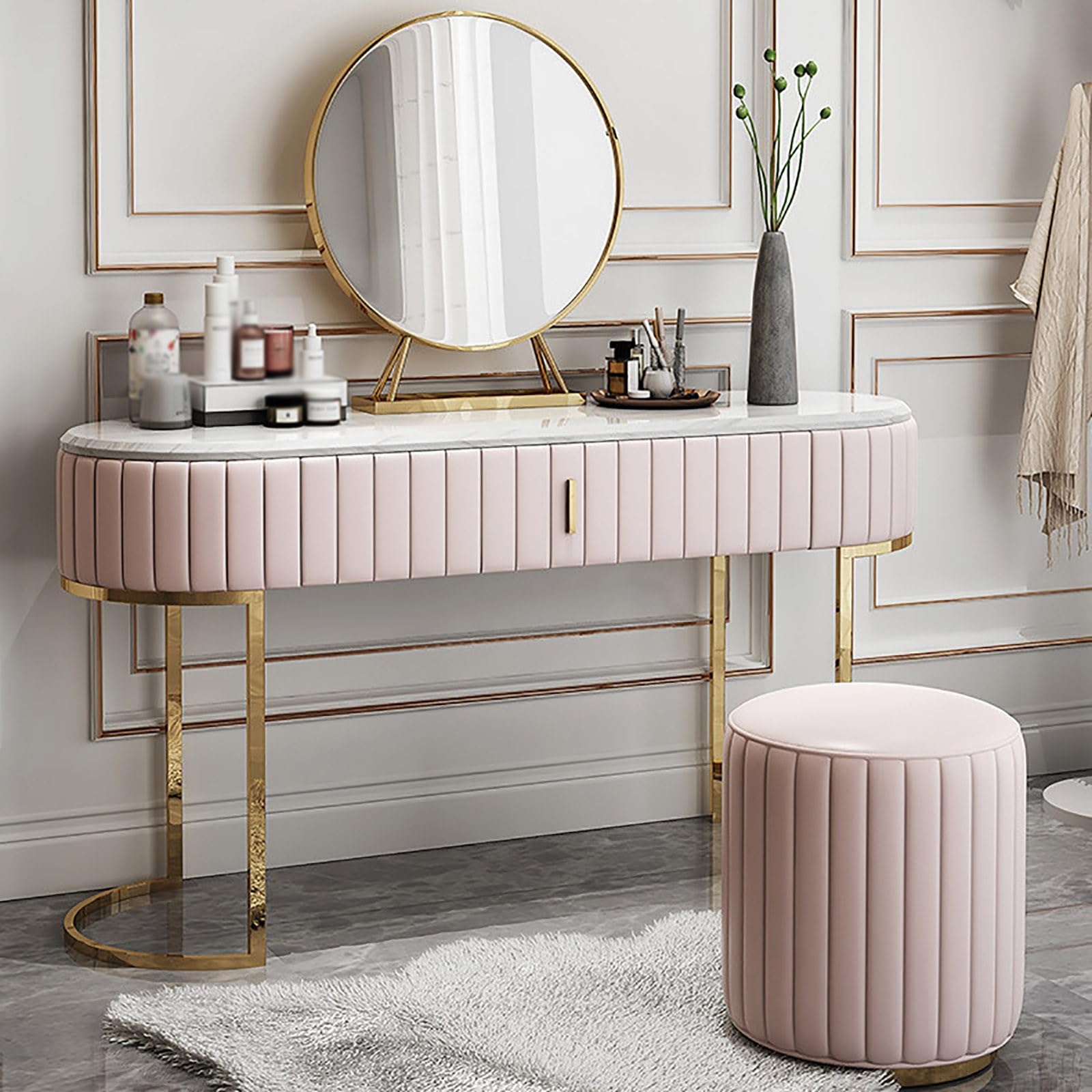 asdchZen Pink Vanity Table Set With Mirror & Drawers, Makeup Desk & Stool, Stylish Dressing Table For Bedroom, Elegant Makeup Station, Compact Size 1M,Pink-1.2M
