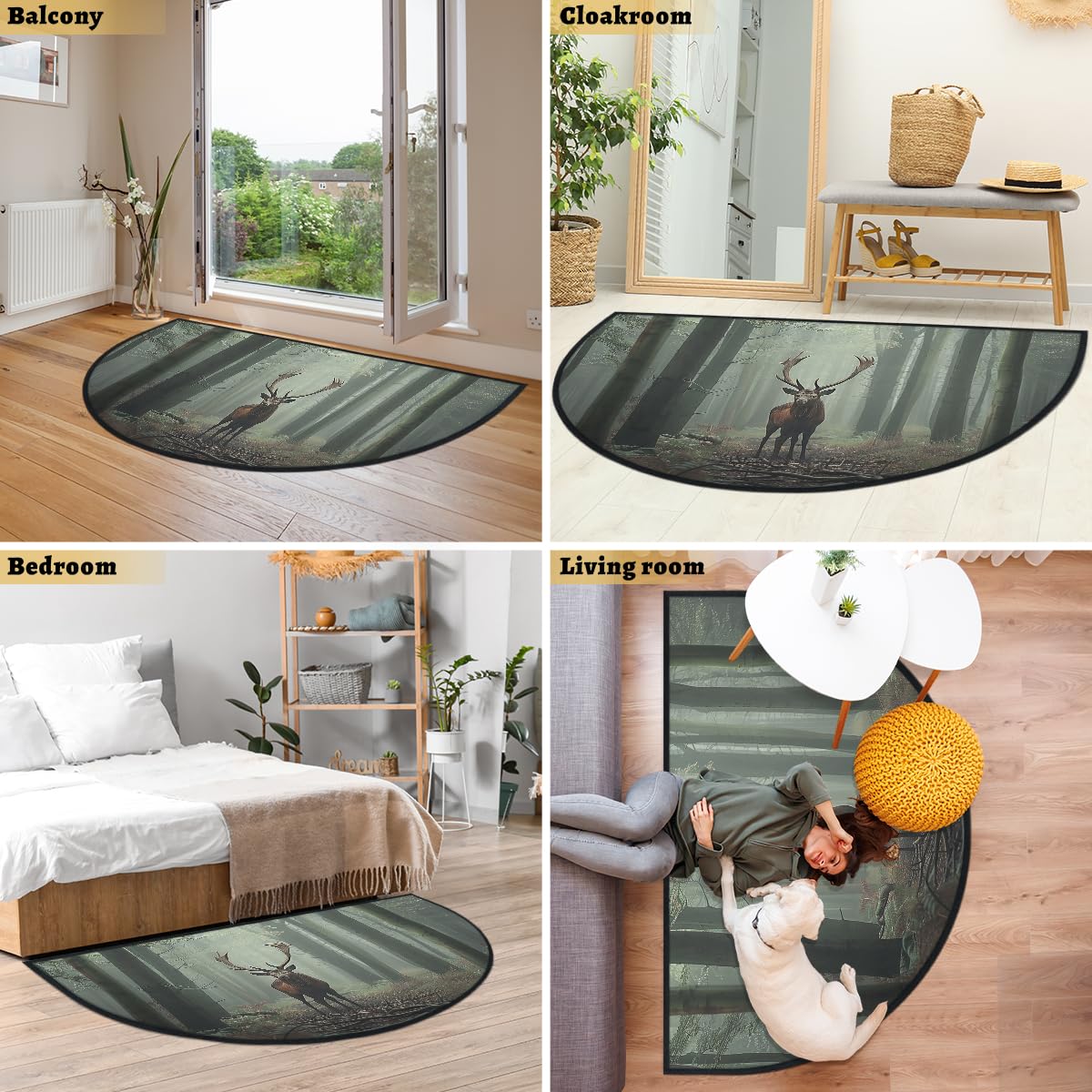 Mexpekil Forest Deer Paillasson en demi-lune pour intérieur et extérieur - Lavable - Absorbant la saleté - 100 x 160 cm