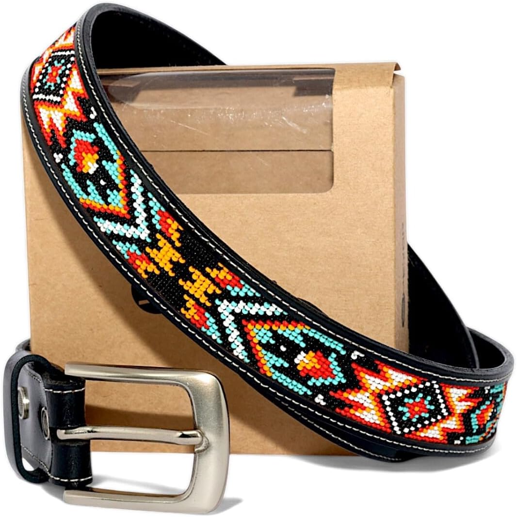 Unisex Genuine Leather Beaded Belt, Removable Buckle Cowboy Gift Belt 1.3" Wide