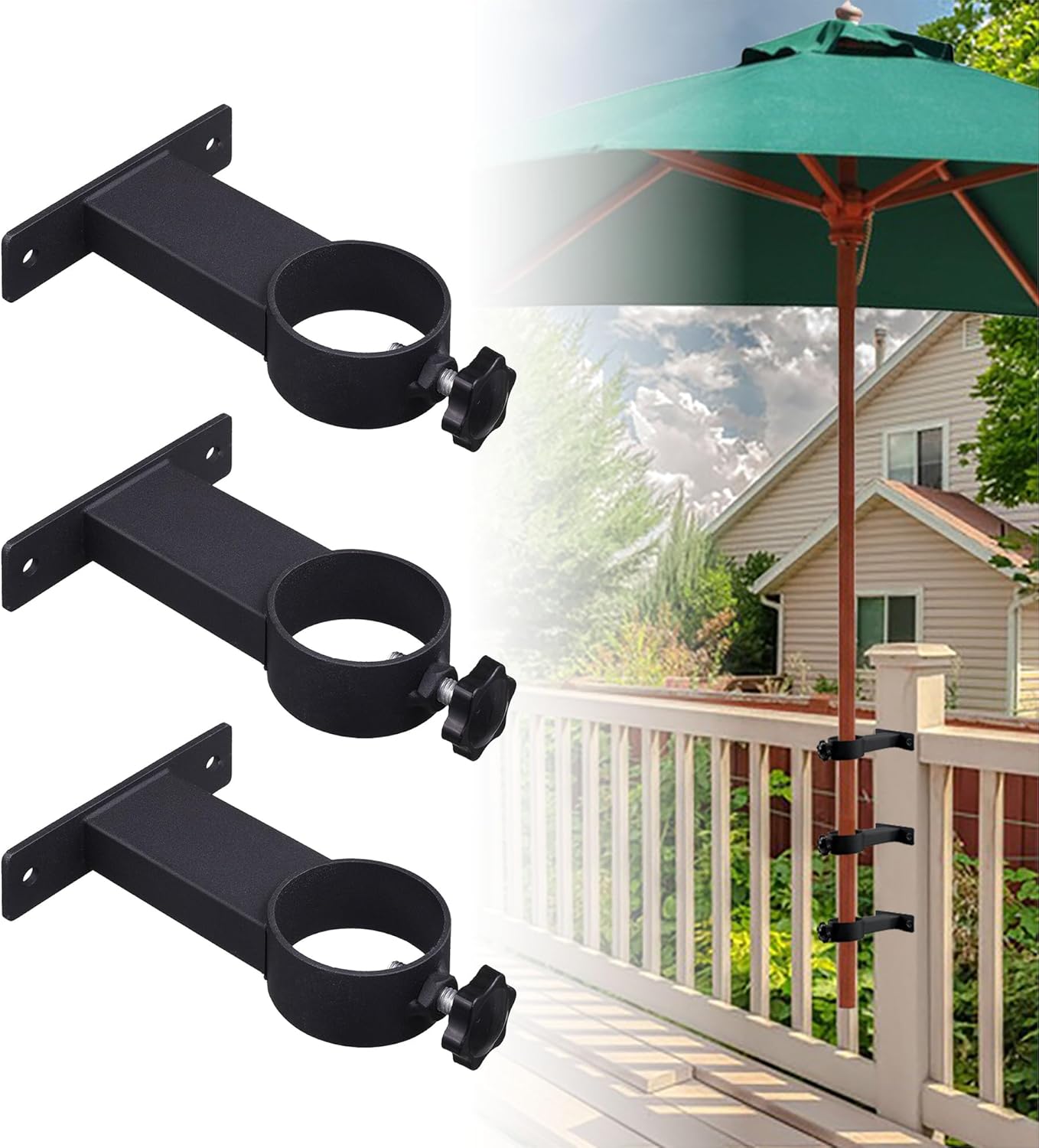 Patio Umbrella Mounts, 3-Pack Black Steel Railing Mounts with Alloy Steel Frame, Powder Coated Finish