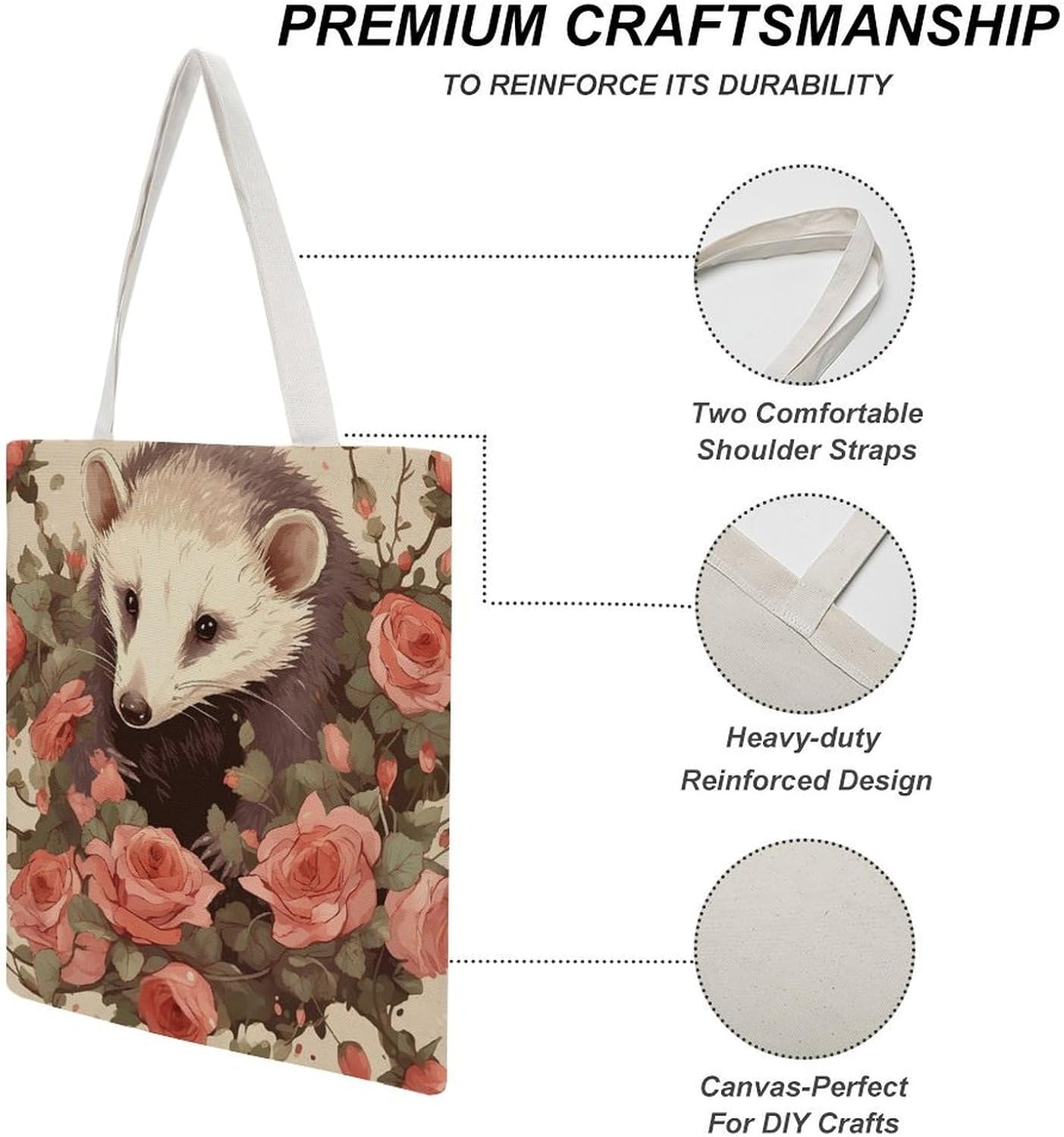 Canvas Tote Bag 16x15 In Lightweight Foldable Shoulder Hobo Purse | Opossum And Roses, Casual Tote with 10" Strap, Everyday Carryall, for Travel Work Grocery Shopping Beach Mark Gym Yoga