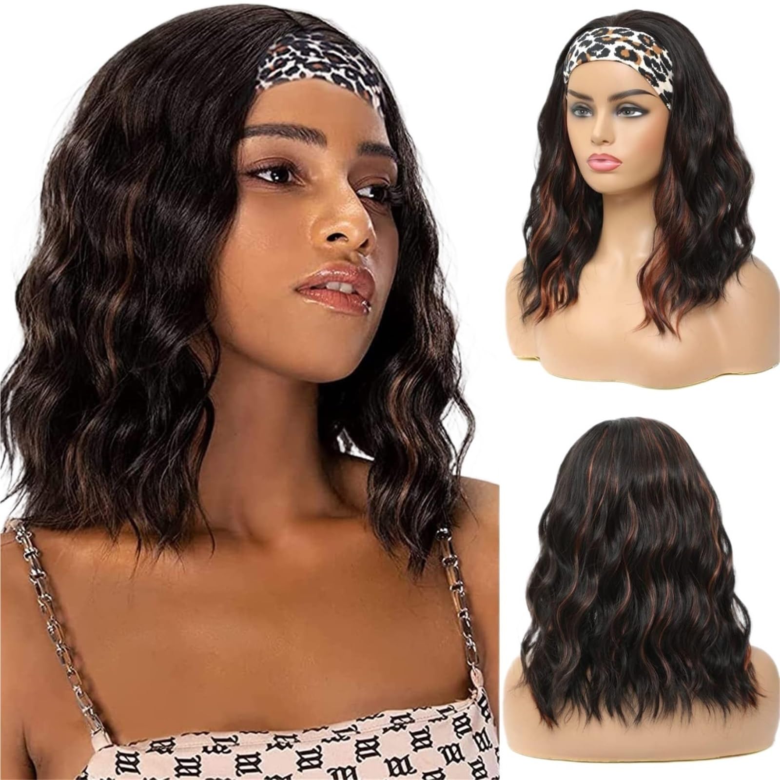 Perruque cheveux ondulés avec bandeau multicolore confortable