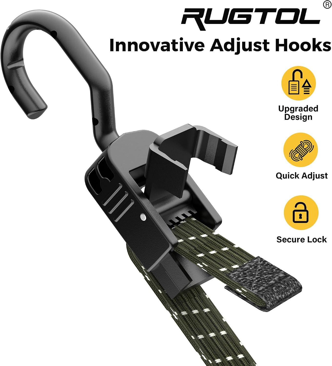 Rugtol Bungee Cords with Hooks, 48 Inch Long Adjustable Flat Bungee Straps with Upgraded Quick Release Buckle, Olive Green Easy Adjust Elastic Cords with Metal Hooks for Bike, Outdoor, Tarp, 6 Pack