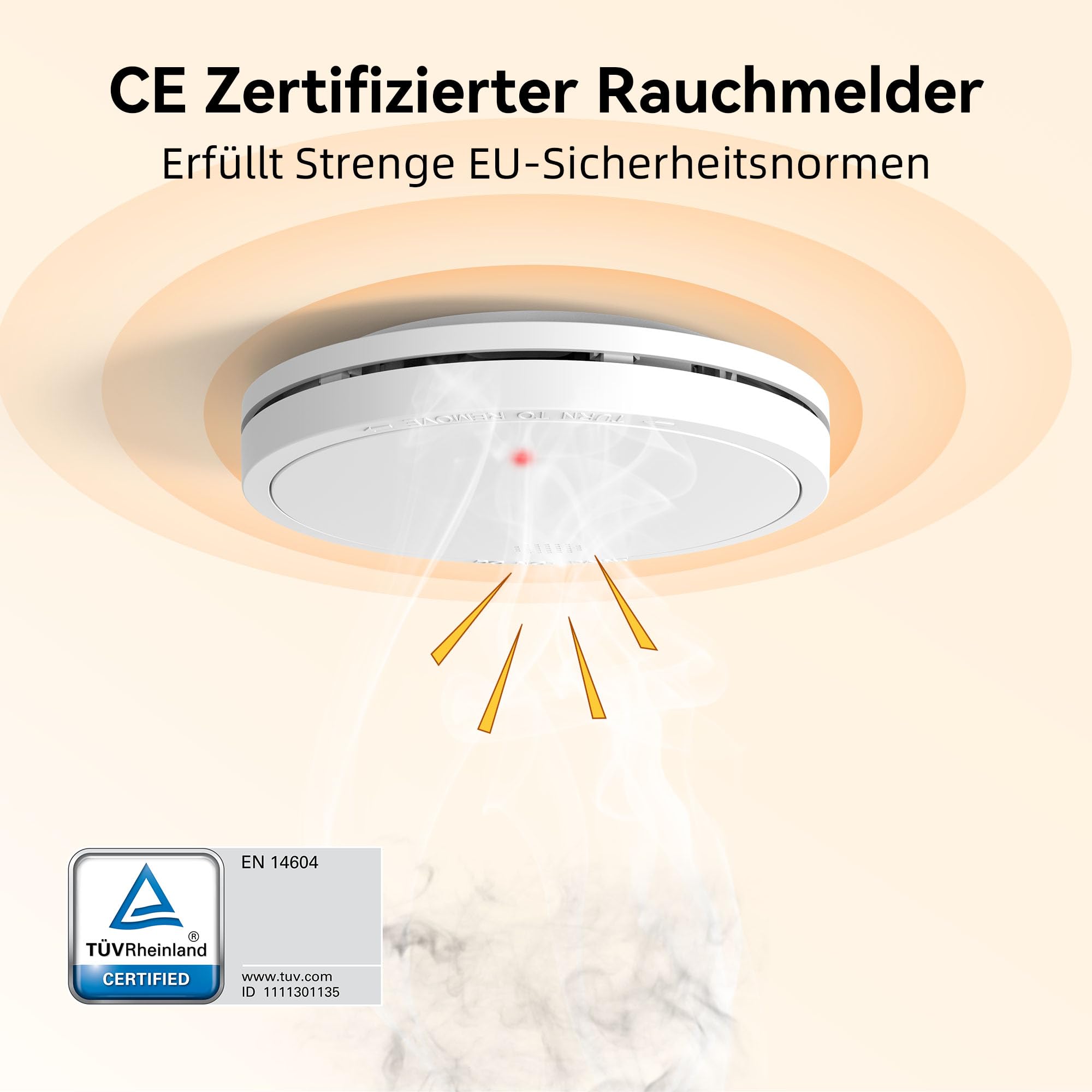 Rauchmelder 10 Jahre Batterie mit Magnethalterung, Europäischen Norm EN14604 Geprüft Feuermelder | Ohne Bohren, 85dB Rauchwarnmelder, 6er Set