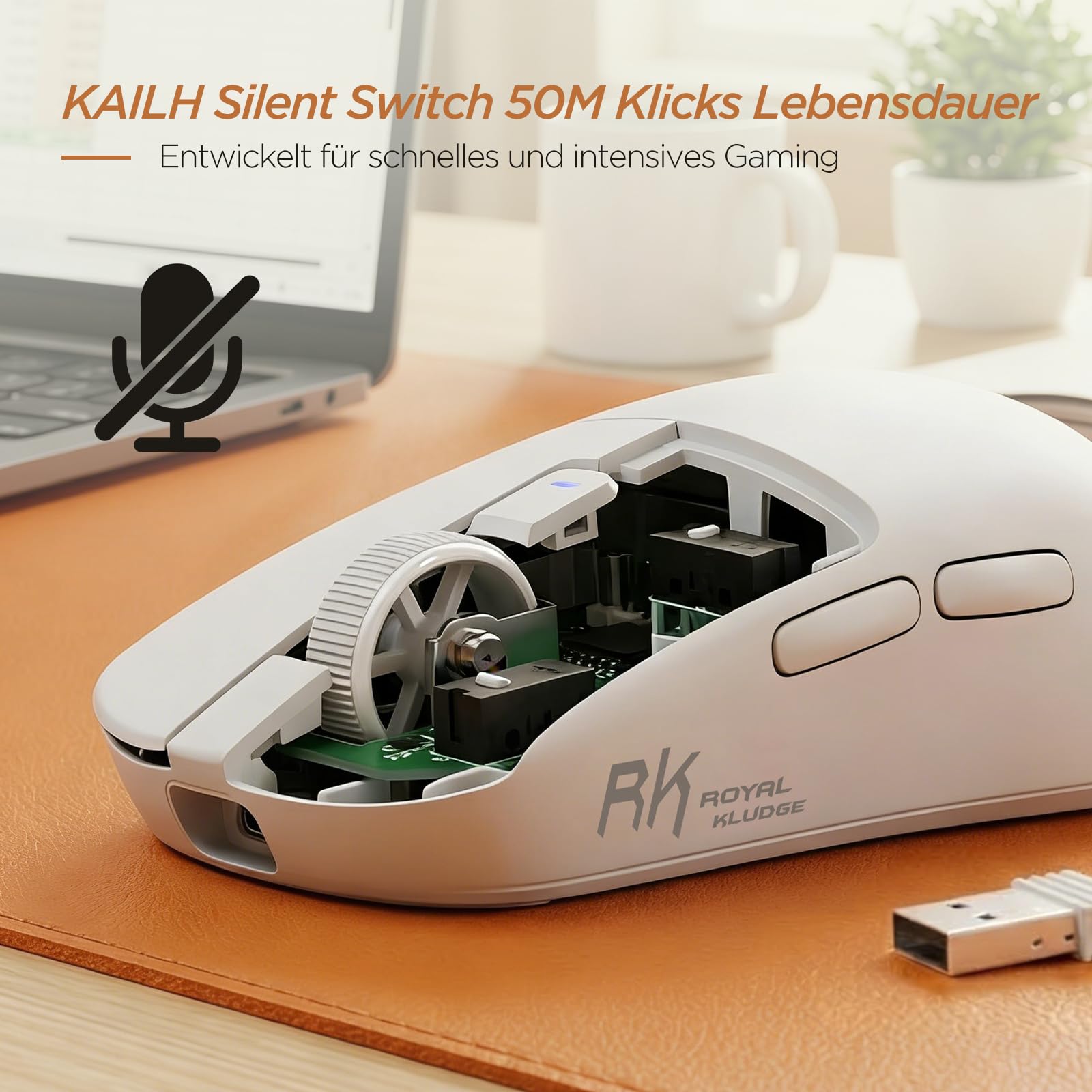 RK ROYAL KLUDGE MO3 Gaming Maus Kabellose PAW3809 6K DPI 48g leichte Computer Maus Bluetooth/2.4G/Kabel wiederaufladbare Wireless Mouse mit 5 programmierbaren Tasten, leisen Klicks für Laptop/PC, Weiß