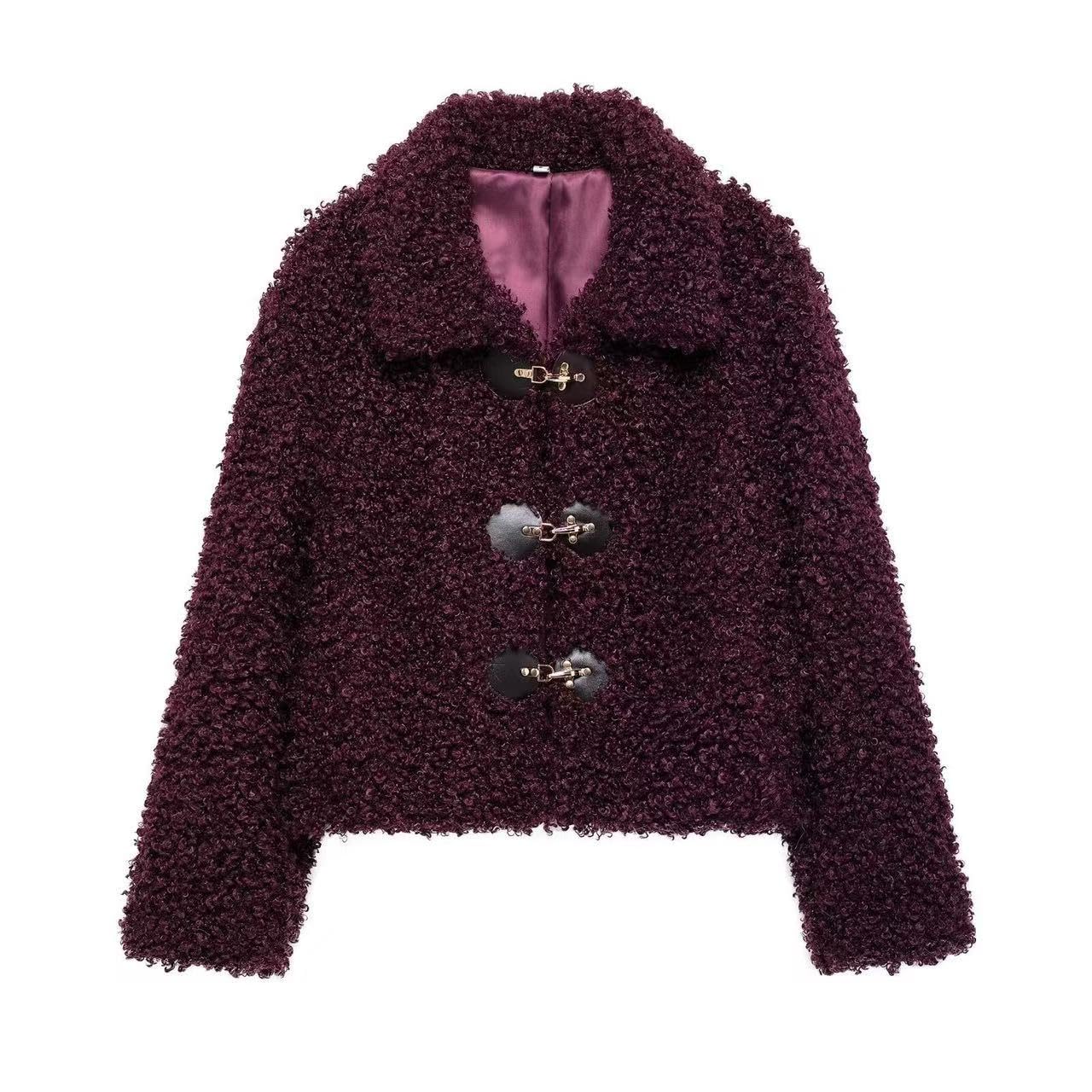 Women's Fall Fleece Jacket Collared Toggle Closure Long Sleeve Oversized Short Coat Fluffy Outerwear — view 9