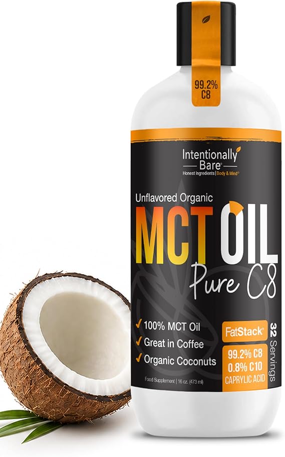 Intentionally Bare Organic Pure C8 MCT Oil 99.2% - MCT Oil C8 for Energy, Brain, Mood & Focus - Supports Keto, Low Carb, Paleo, Vegan, Intermittent Fasting - Coffee & Salads Unflavored - 16oz
