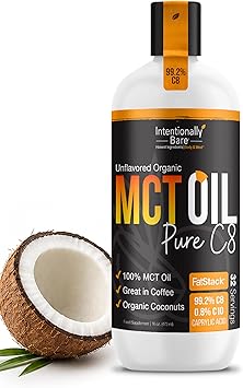 Intentionally Bare Organic Pure C8 MCT Oil 99.2% - MCT Oil C8 for Energy, Brain, Mood & Focus - Supports Keto, Low Carb, Paleo, Vegan, Intermittent Fasting - Coffee & Salads Unflavored - 16oz