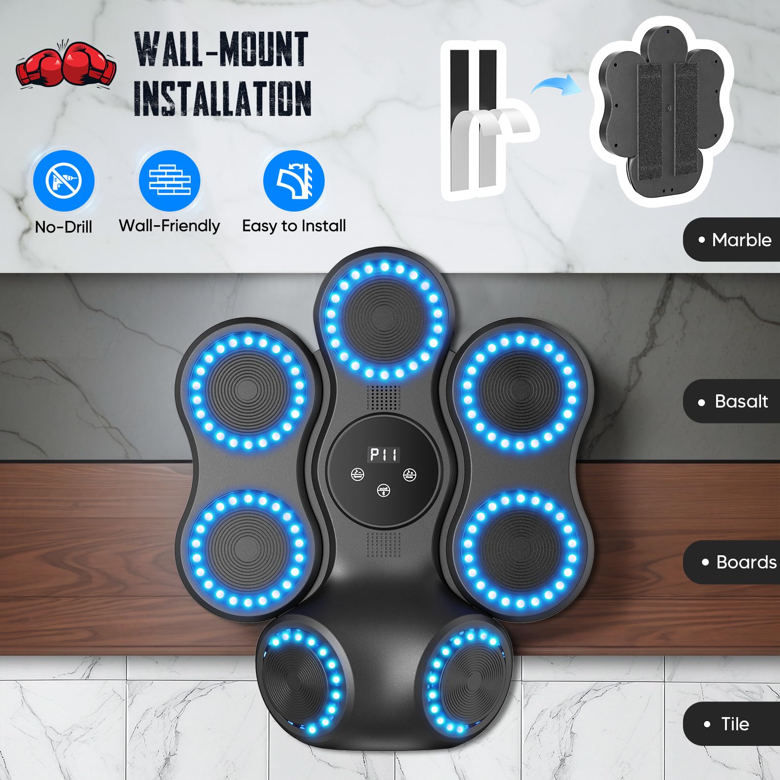 Macchina da boxe musicale intelligente, per adulti e bambini, con guanti, 11 modalità e 9 velocità, effetti ritmici LED, assorbimento degli urti, punzonatrice da parete per casa, ufficio