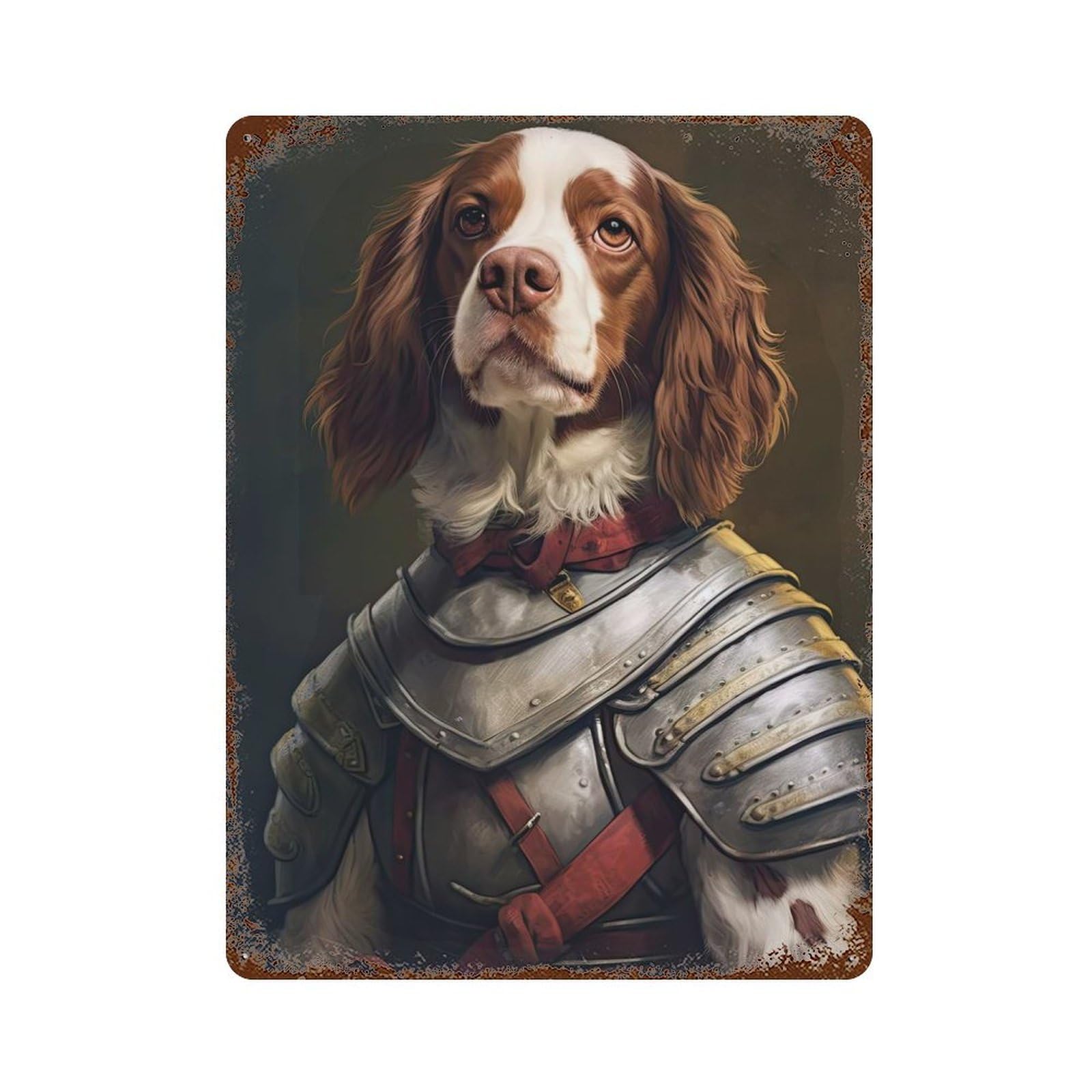 Rust Effect Brittany Spaniel Dog in Armor Aged Metal Wall Plaque 15.7"x11.8", Industrial Home Decor for Cafe, Home Bar And Lounge Decor