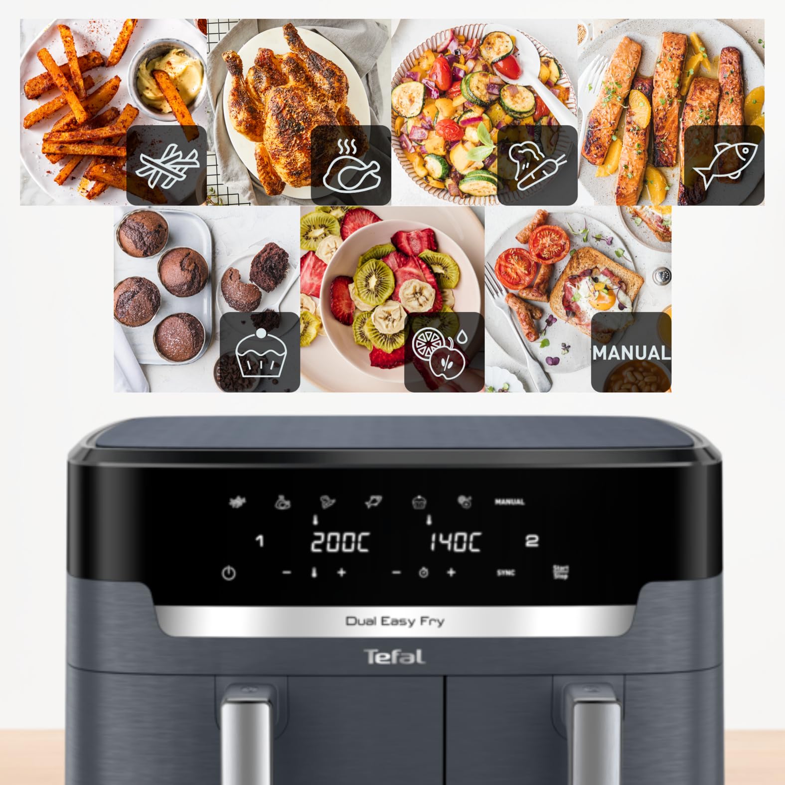 Tefal Dual Easy Fry, Friteuse à air chaud, Double chambre 11L, 6,5L et 4,5L capacité, 2Kg de nourriture, 99% de graisse en moins, 7 programmes automatiques, Gris, EY942BE0
