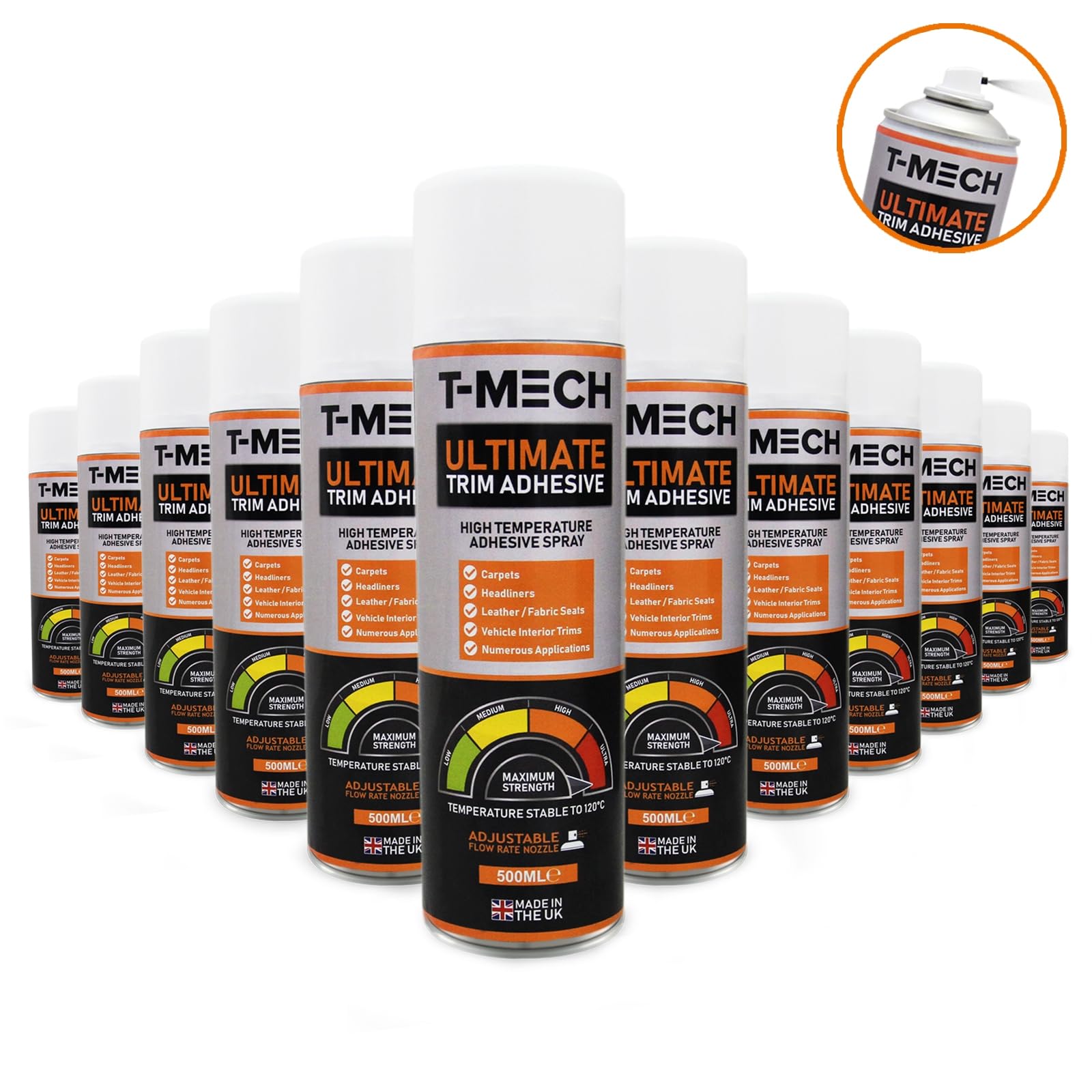 T-Mech - 12 x Adesivo Colla Spray Multiuso per Industria Automobilistica Tappetti Tappezzerie Moquette Tessuti Resistente al Calore 120 ° C 12 x Bombolette da 500ml