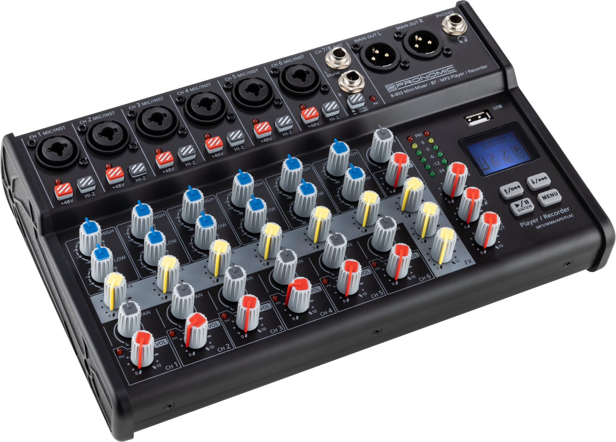 Pronomic B-803 Mini-Mixer mit Bluetooth und USB-Recording, 3mm Klinke | Kompakter 8-Kanal Mixer, 6 Mono-Kanäle mit symmetrischem XLR/Klinke-Eingängen, 1 Stereo-Kanal mit Klinke-Eingängen, 45 kg