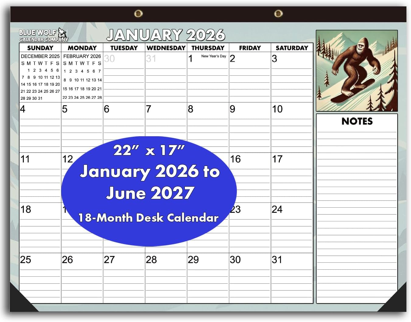 2026-2027 Monthly Desktop Calendar Large Bigfoot Themed 2026 | 22