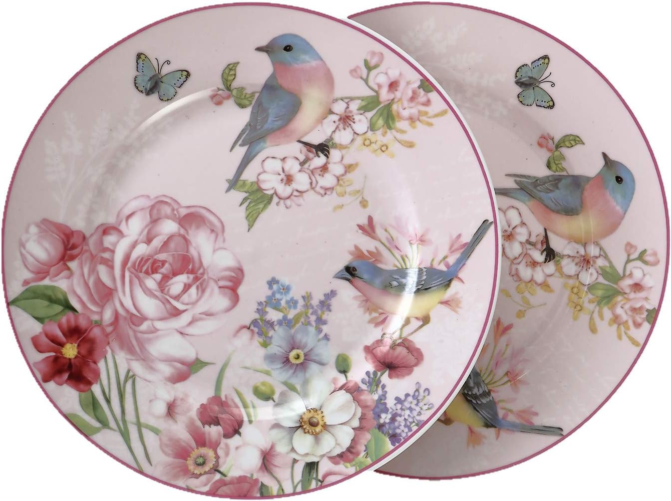 Salad/Dessert/Appetizer Plate Bone China Set of 2, 8 Inch Vintage Floral Bird Plate - Unique Gift for Valentine’s Day, Wedding, Anniversary, Women's Day, Birthday and Holiday (Pink)
