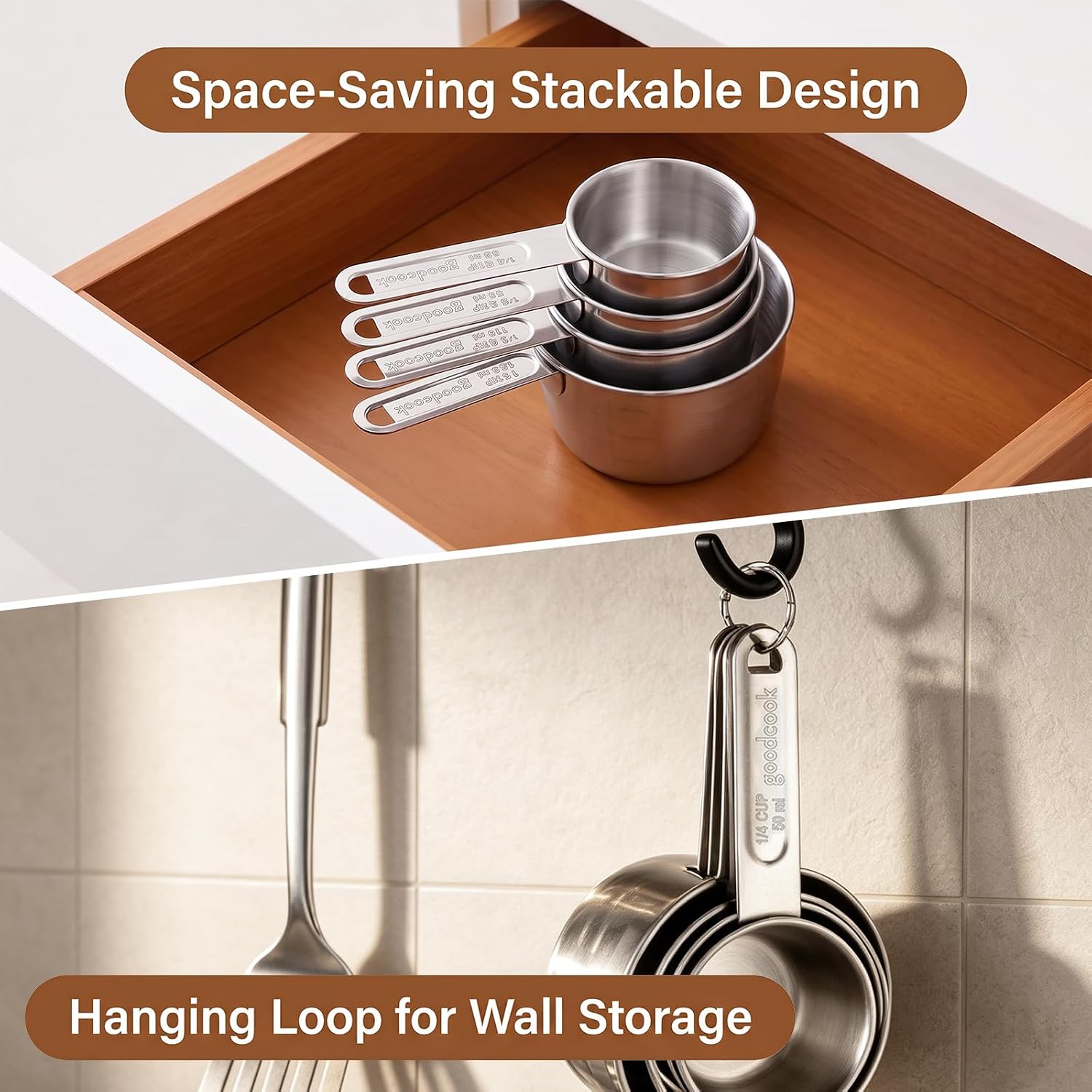 4 Pack Stainless Steel Stackable Measuring Cups with Handle, Small Metal Kitchen Tools for Baking & Cooking Dry Liquid Ingredients