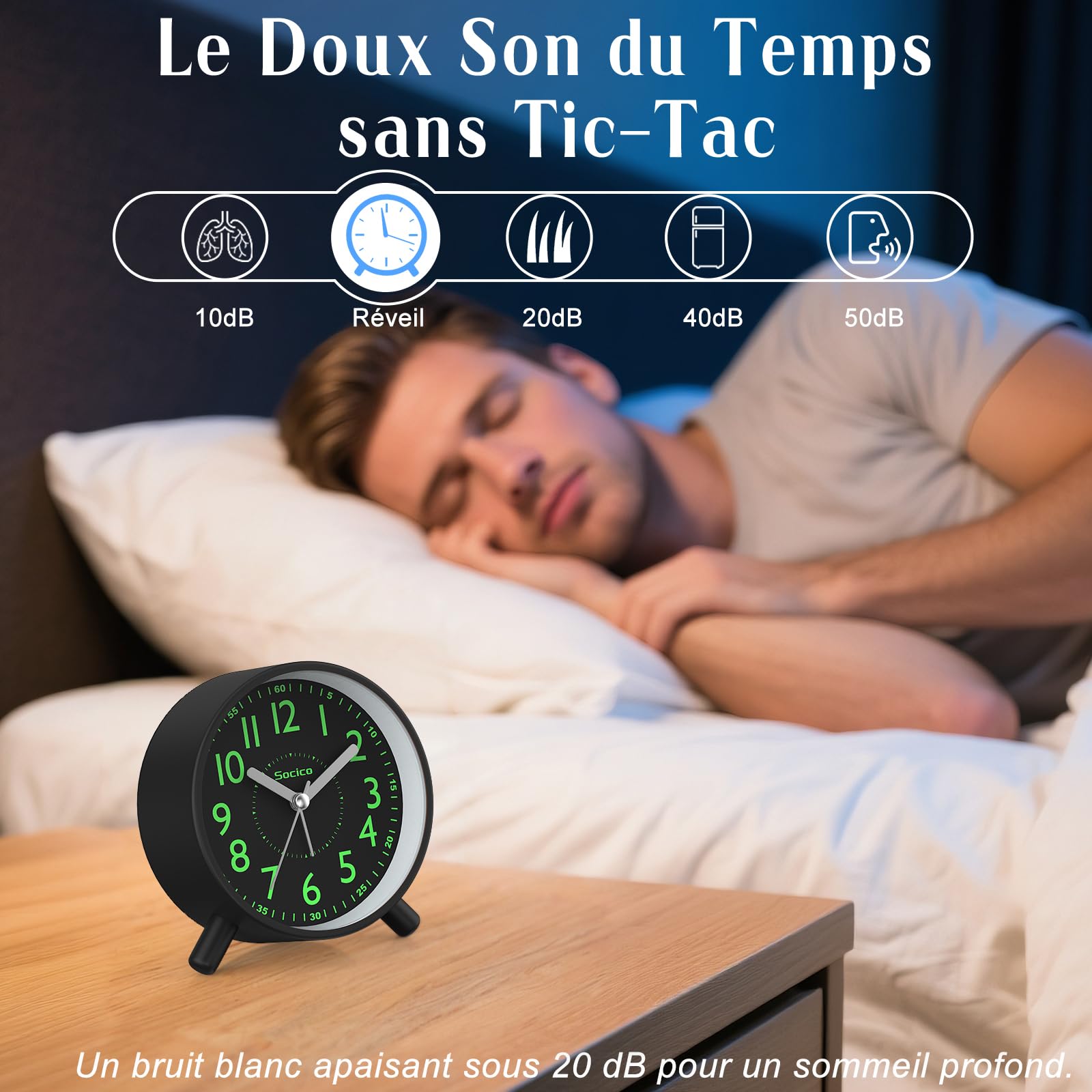 SOCICO Réveil Analogique Horloge de Chevet Rétro Ronde Métal Piles Veilleuse Fonction Snooze Noir