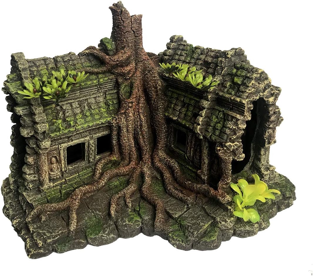 XiR Aquarium Tree House Decor Large Betta Fish Tank Decorations Reptiles Hiding Cave Ornaments Cambodian Buddha Temple Ruins 9.25" x 7.87" x 7.5"