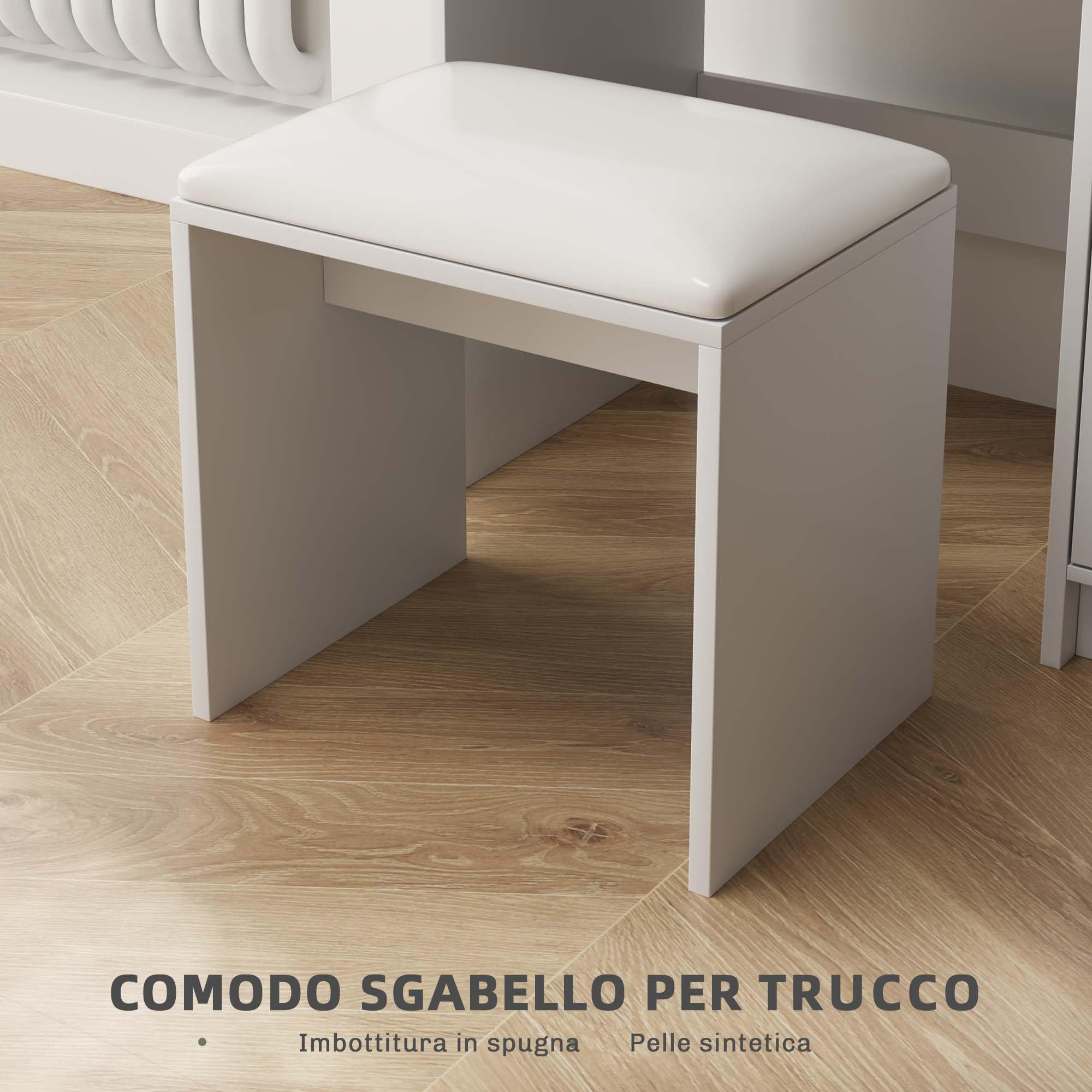HOMCOM Toeletta Trucco con Specchio e Sgabello con Cassetto Bianco | Postazione Trucco, Armadietto e Ripiani in Legno