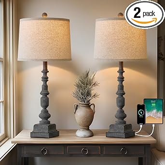 27.75" Farmhouse Table Lamps Set of 2 for Living Room, USB A+C Port | Rotary Switch,Rustic Antique Grey Lamp,Traditional Nightstand Bedside Lamp for Bedroom,Home Office,End Table,Home Decor