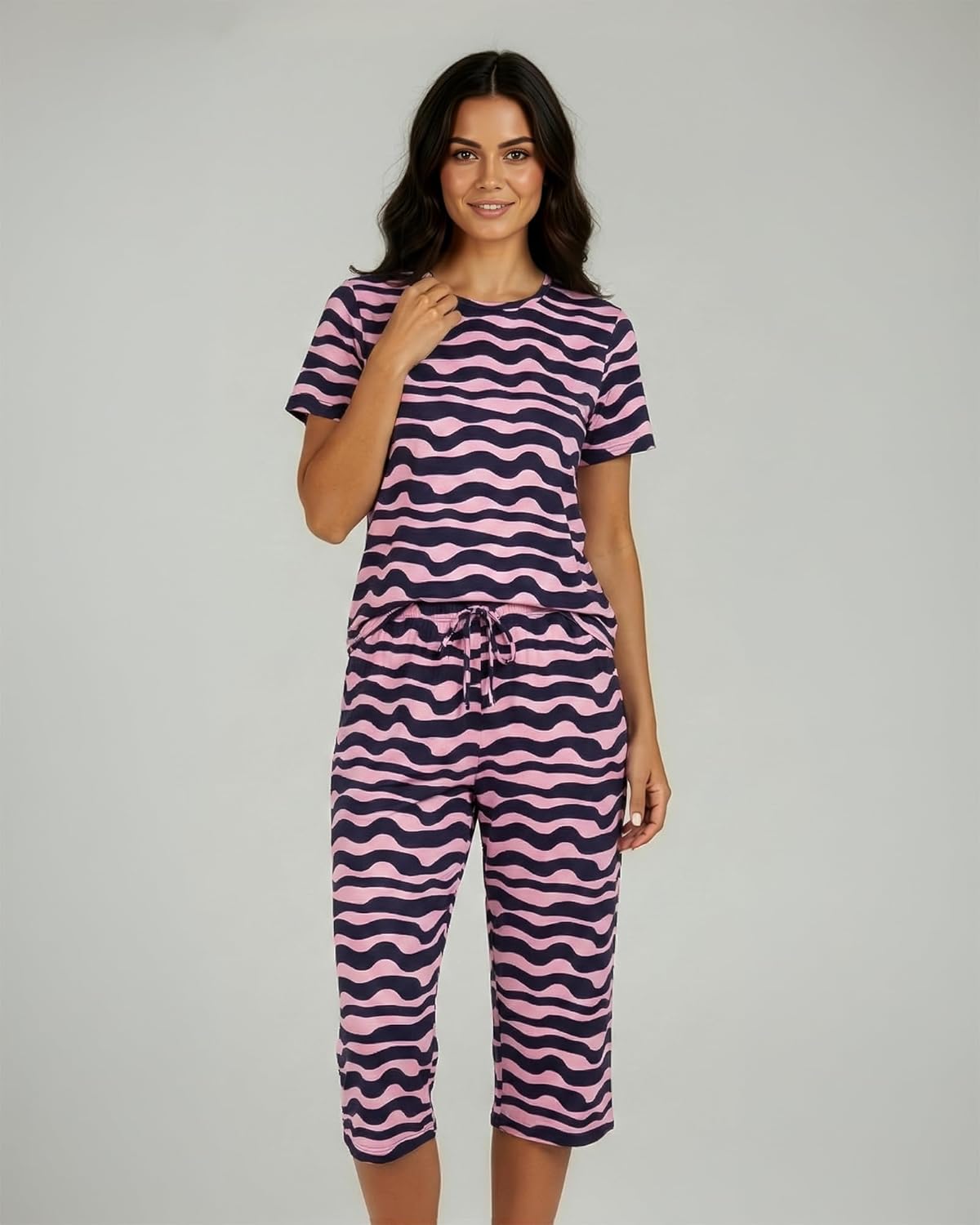 Real Essentials 2 Pack: Womens Pajamas Short Sleeve Sleepwear Tops and Capri Pants Pjs Print Pajama Sets (Available In Plus) - Image 2