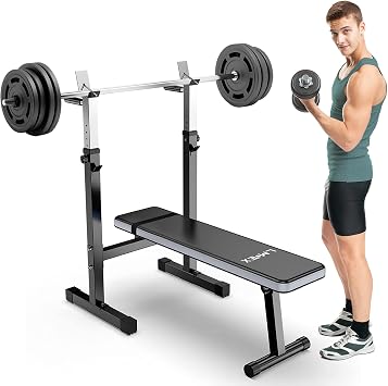 Adjustable Weight Bench Press with Squat Rack Foldable Multifunctional Dip Station Full Body Workout Home Gym Strength
