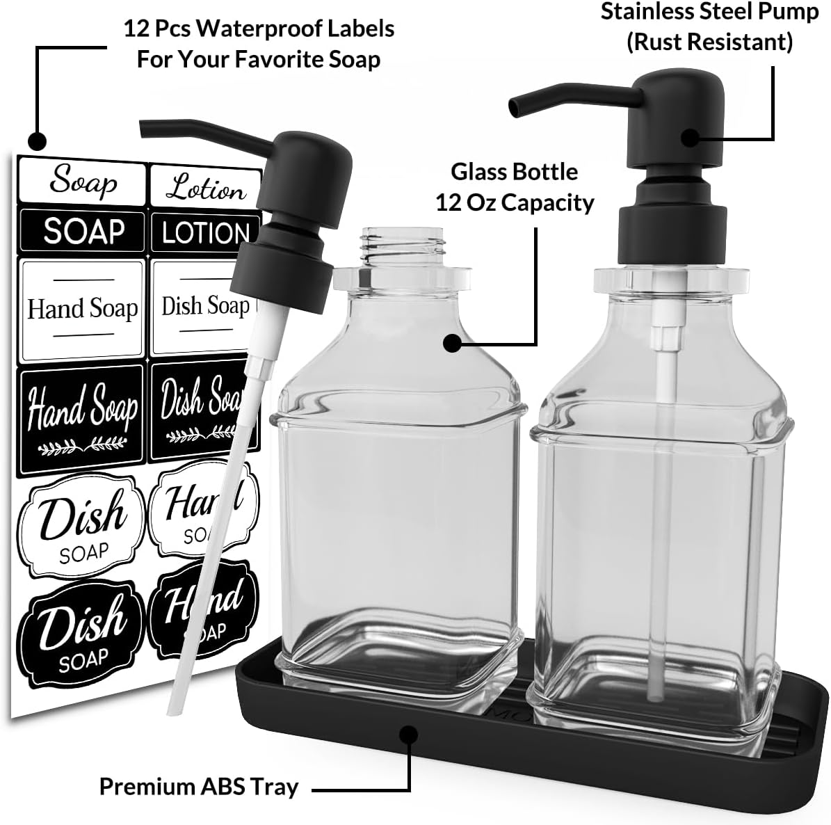 Soap Dispenser - 2 Pack, Antique Design Thick Glass Hand Soap Dispensers with Sturdy Tray; 304 Rust Proof Stainless Steel Black Pump, 12Pcs Stickers, for Kitchen, Bathroom - Image 2