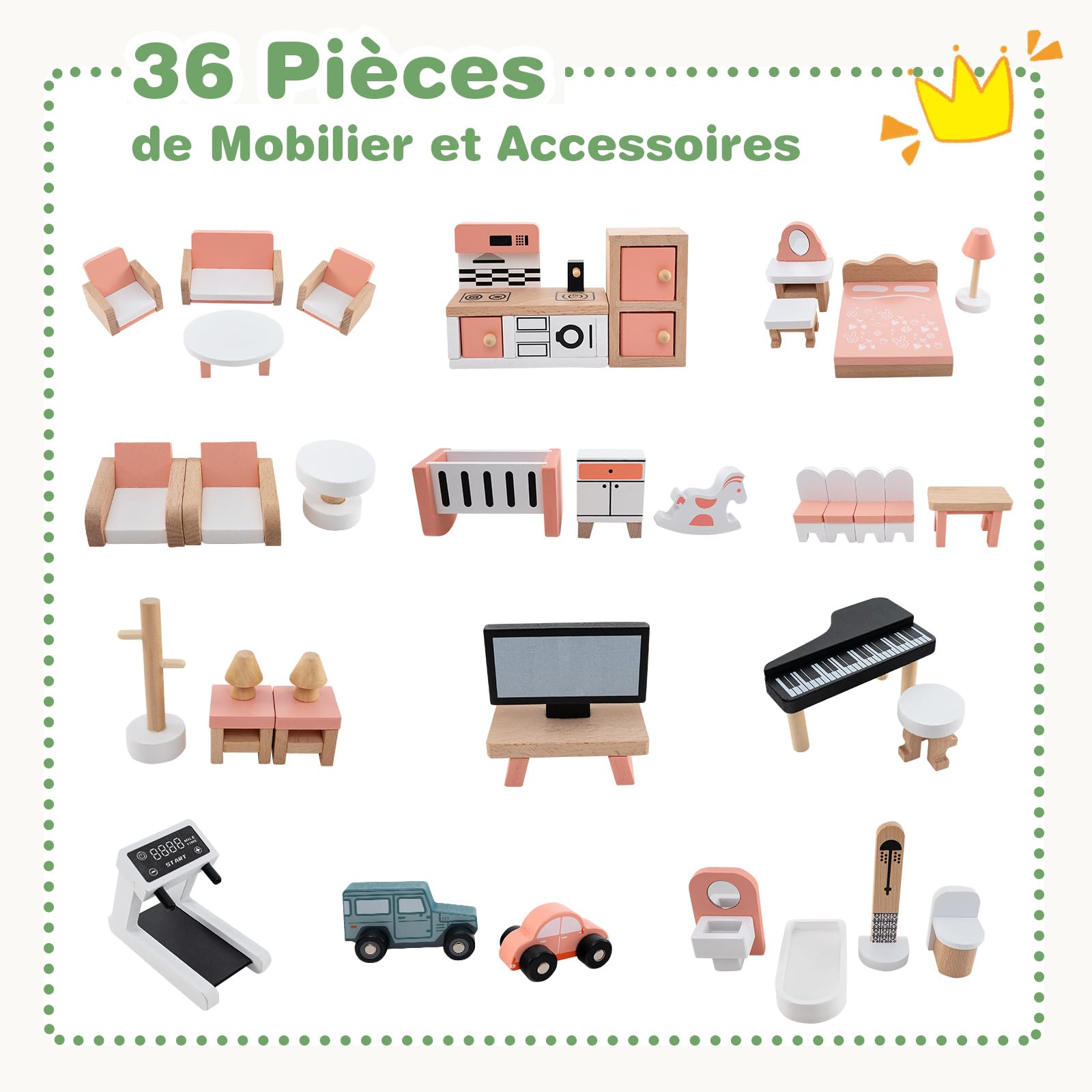 COSTWAY Maison de Poupée en Bois avec 6 Pièces & 36 Meubles, Maison de Rêve avec Toit Vert & Garage & Balcon, Conception d'angle, Jeu d’Imitation Princesse pour 3 Ans+, 87 x 37 x 83 cm