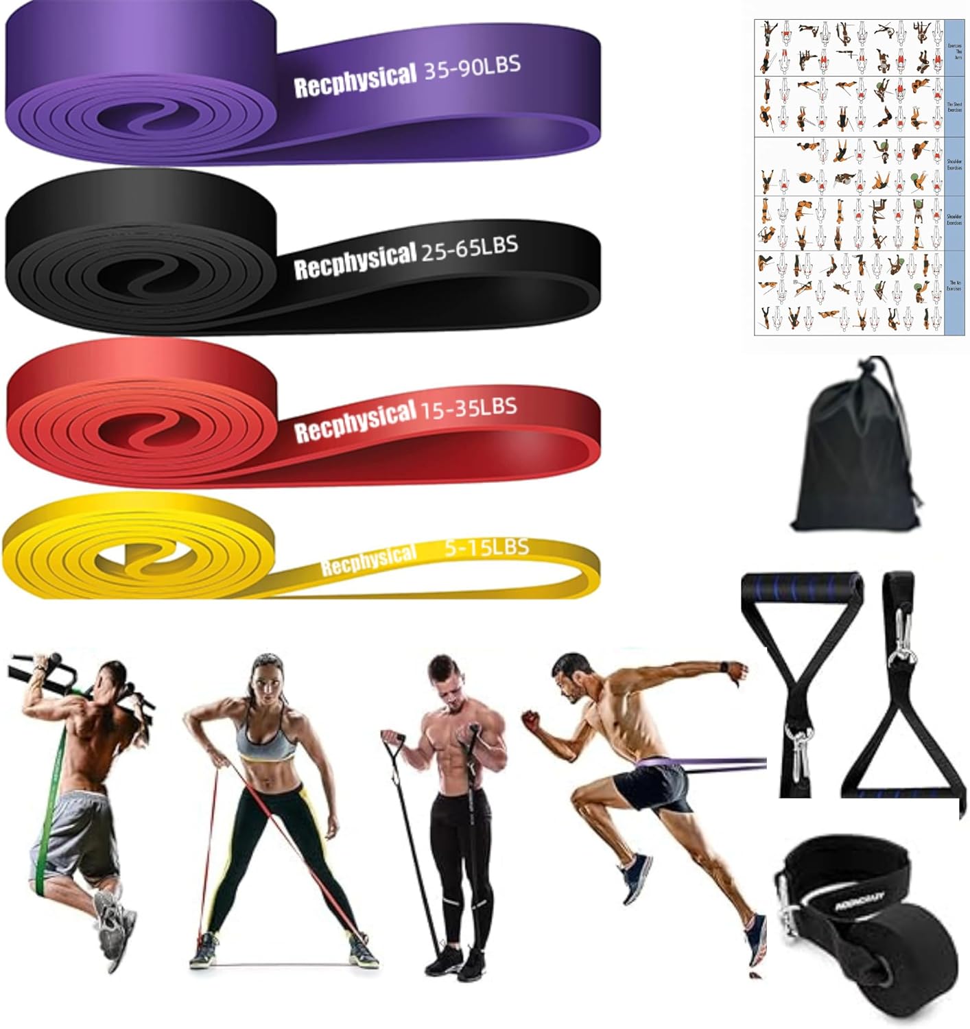 Resistance Bands Set for Men & Women – 4 Levels Exercise Band with Door Handles and Anchor, Pull Up Bands for Strength Training, Stretching, Powerlifting, Home Workouts(5-90LBS)