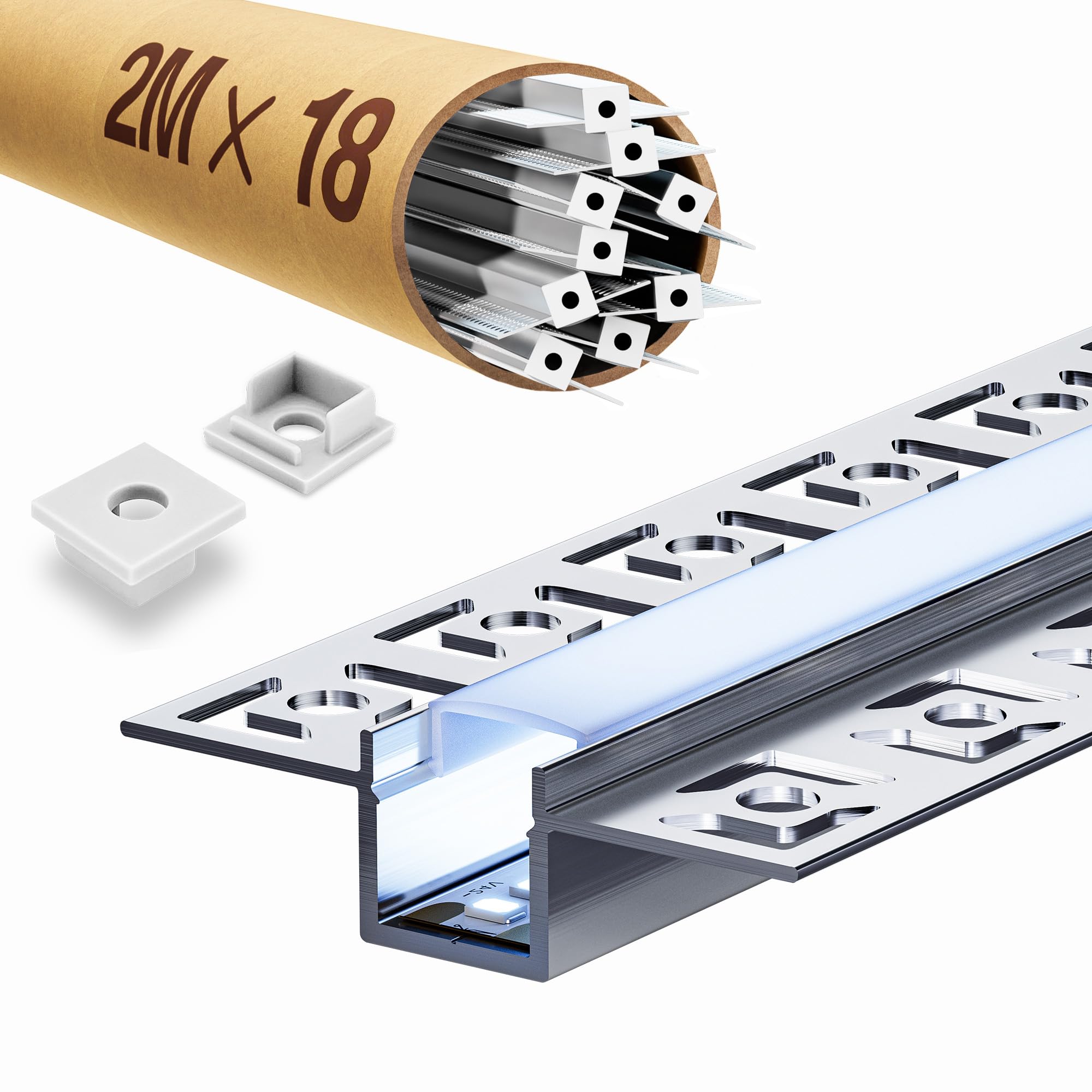 18 x profil LED do suchej zabudowy 2 m, szyna LED 2 m, profil aluminiowy, szyna podtynkowa i dyfuzor natynkowy do oświetlenia pośredniego sufitu