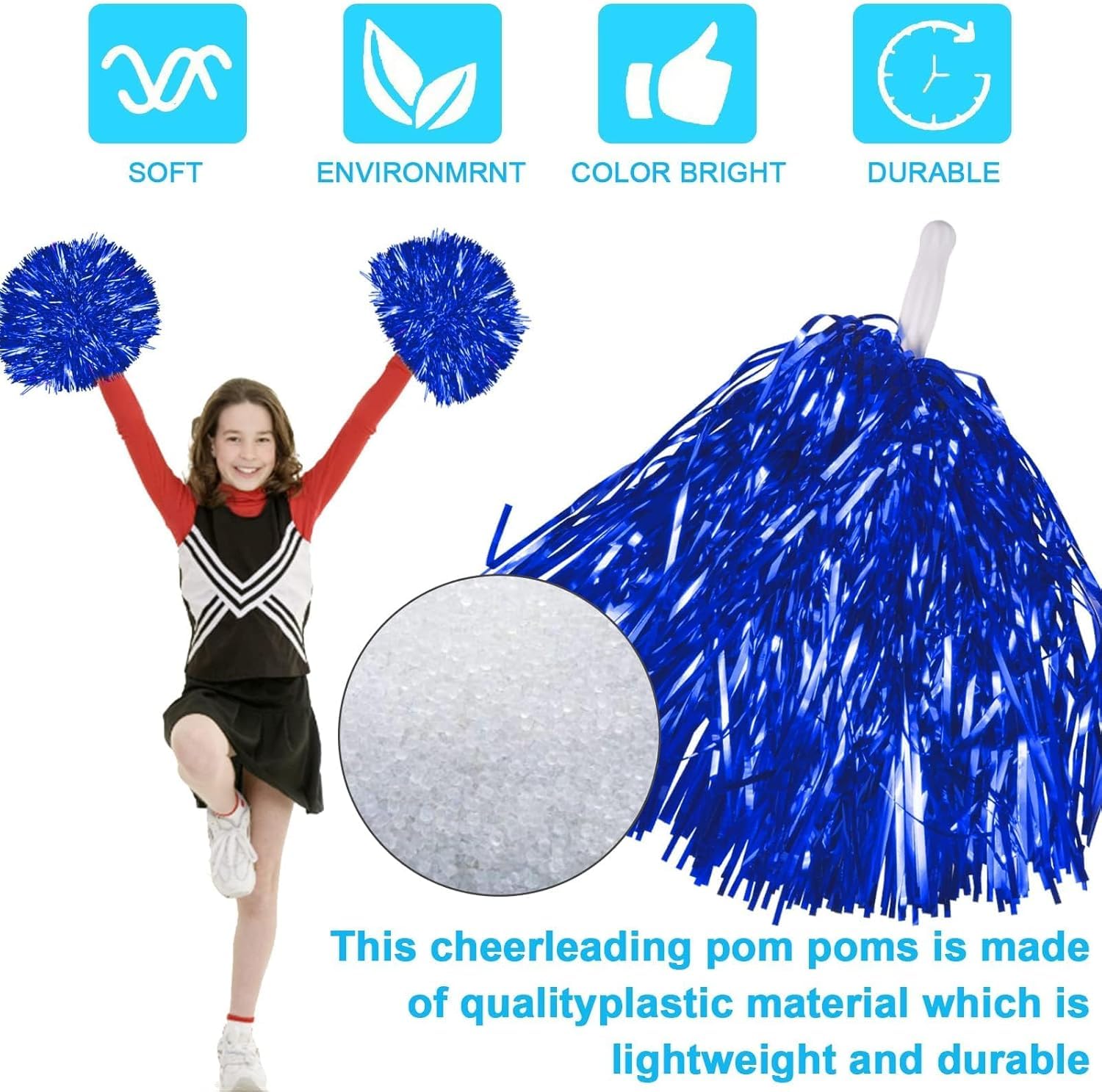 Funmo 12 PCS Pompones de Animadora, Pompones de Porrista de 6 Colores Pompones para Bailar con Mango de Plastico Pompones Cheerleader Pompones para Animar para Competición Deportiva Fiesta de Baile — view 3